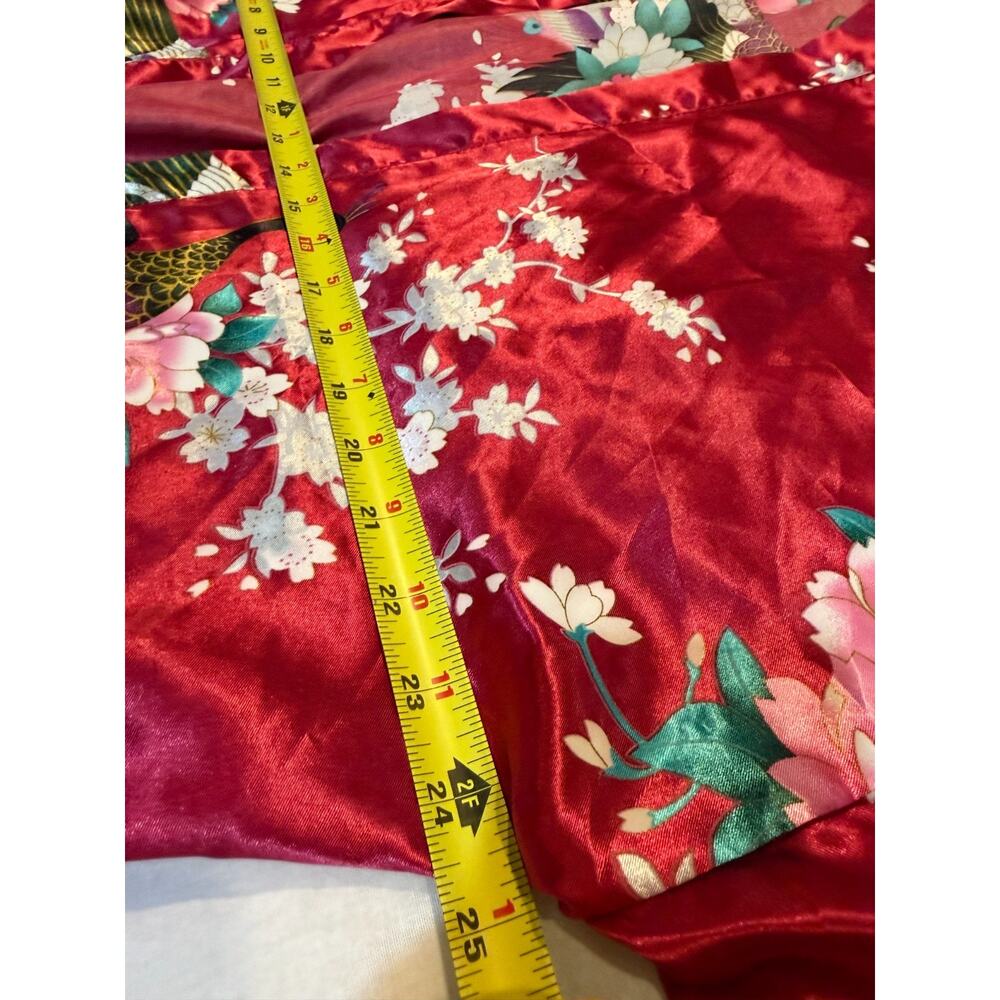 Wine Red Peacock Floral Satin Kimono Jacket – Japanese Inspired Layer Robe - Picture 7 of 9